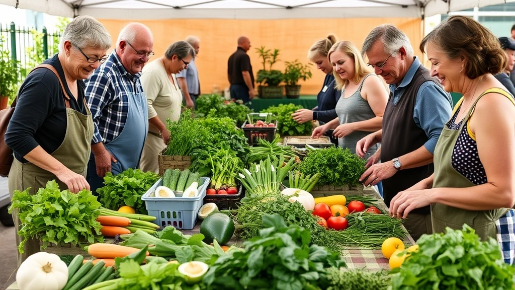 Multiple gardeners at a community farmers market swapping fresh produce at a table, smiling and examining vegetables and herbs, abundant harvest visible