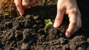 Hands planting seedling in rich dark soil, morning sunlight, close-up detail showing soil texture and small plant