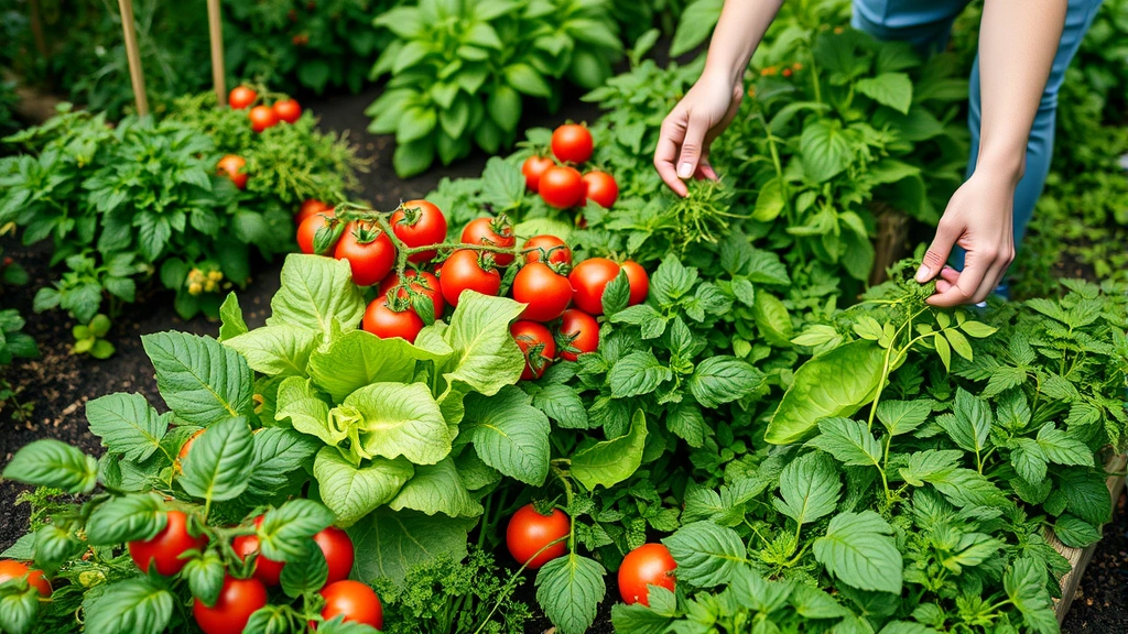 Lush vegetable garden bed with tomatoes, lettuce, and herbs growing abundantly, person harvesting fresh vegetables, natural daylight