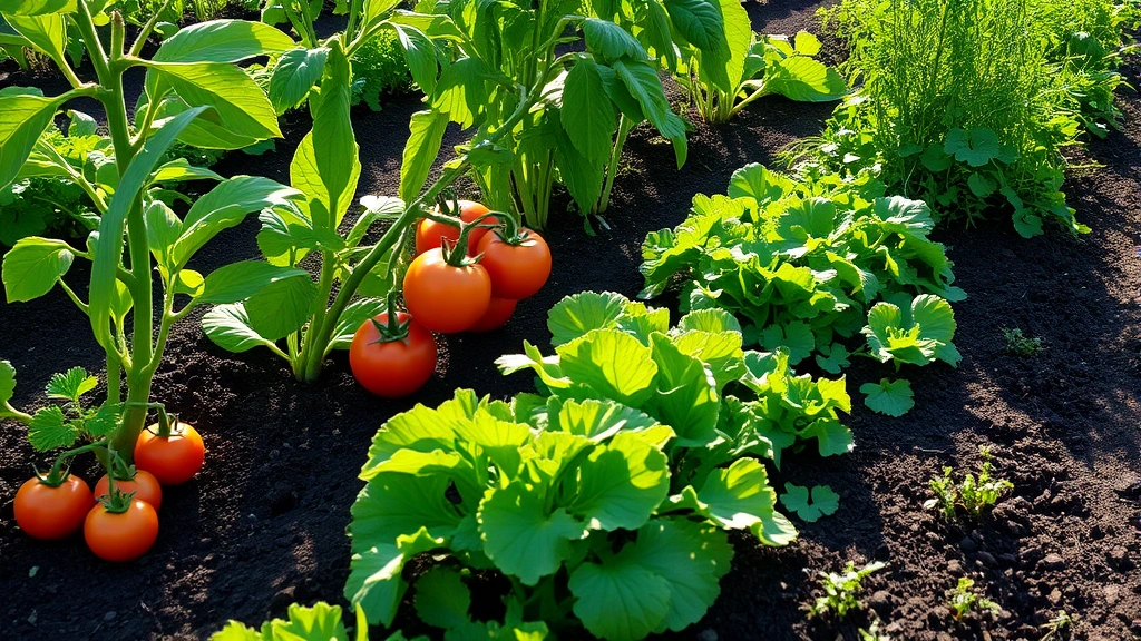 Lush vegetable garden with ripe tomatoes, lettuce, and herbs growing in neat rows with rich dark soil and morning sunlight filtering through leaves