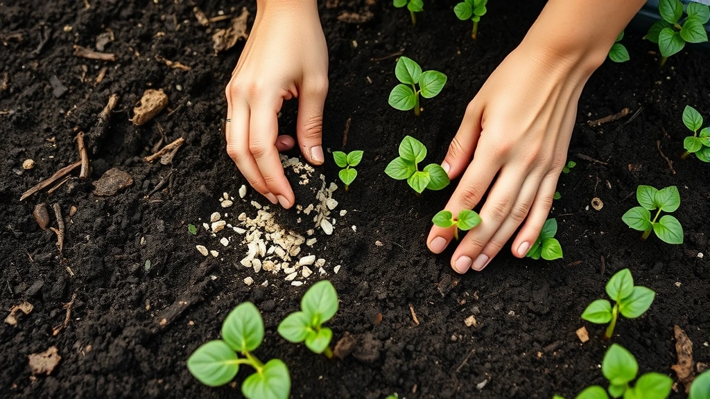 Person's hands working with dark compost-rich soil, adding amendments near young seedling transplants in organized raised garden bed