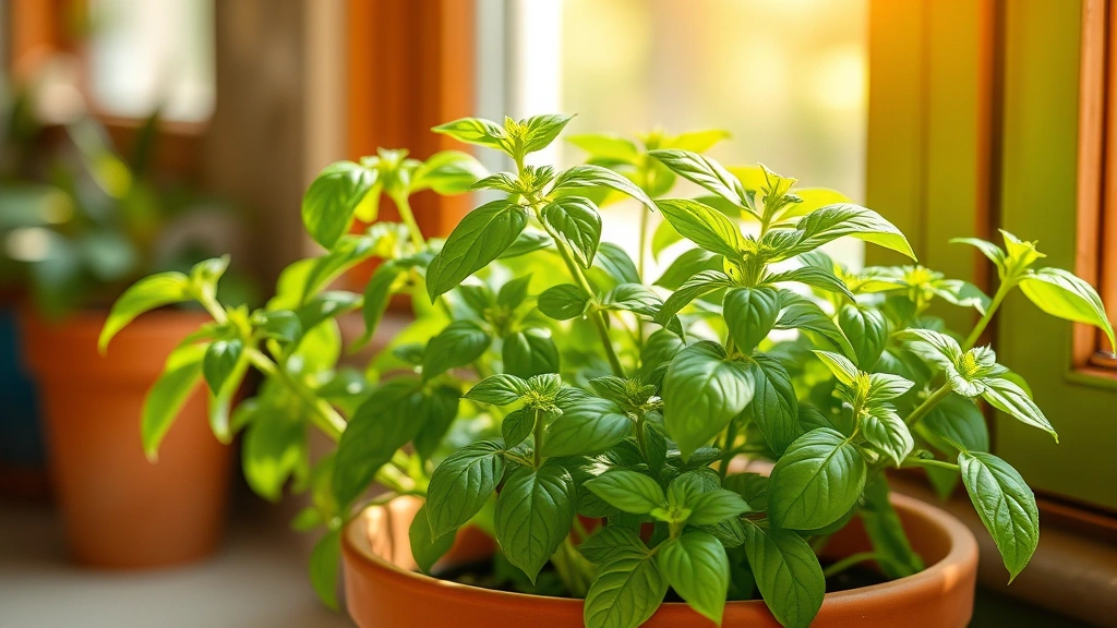 Lush basil plant with vibrant green leaves growing in terracotta pot near bright window, natural sunlight streaming through, healthy stems visible, indoor kitchen garden setting