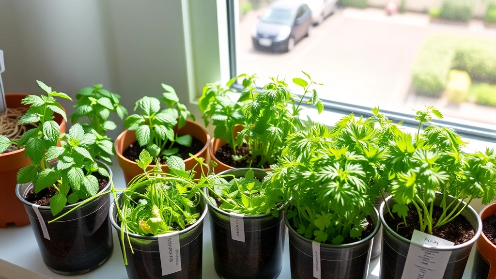 Multiple herb containers arranged together on sunny windowsill, various potted herbs including mint and parsley, clear drainage visible, professional horticultural setup, bright natural light