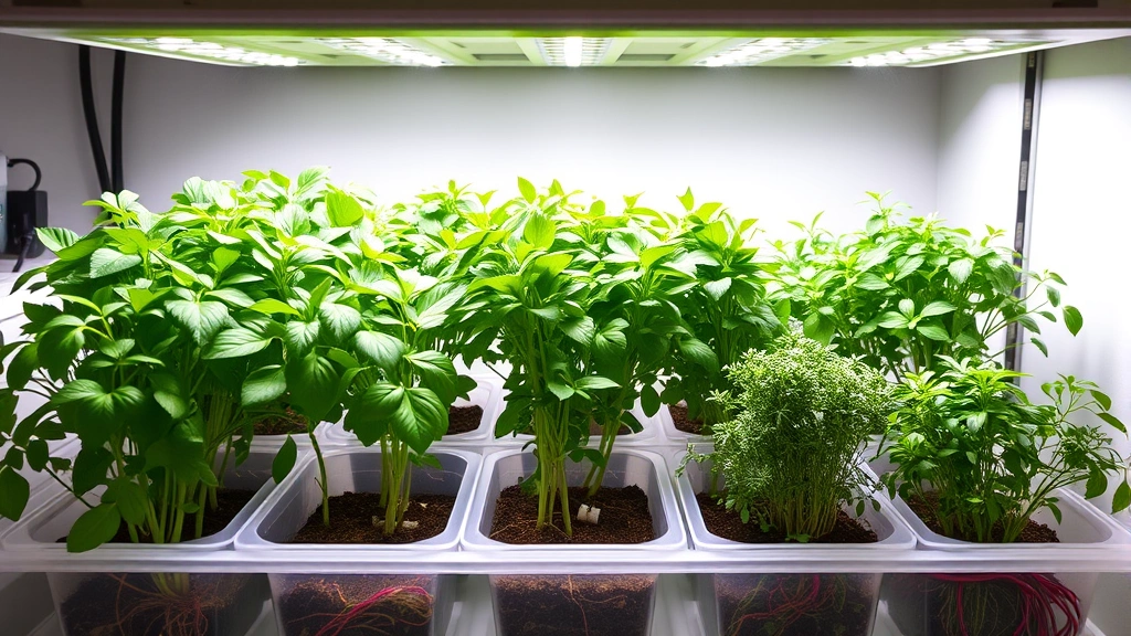 Indoor herb garden with LED grow lights suspended above thriving plants, multiple containers with oregano and thyme, visible root systems through clear pots, well-organized growing station
