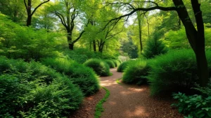 Lush woodland garden with winding mulch pathway disappearing around dense green shrubs and mature trees, dappled sunlight filtering through canopy, no people visible, photorealistic