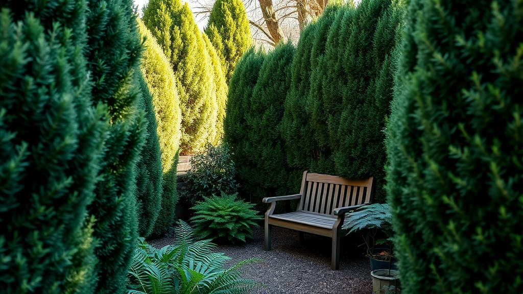 Intimate garden seating area nestled within tall evergreen hedges, wooden bench surrounded by shade plants including hostas and ferns, soft afternoon light, peaceful atmosphere