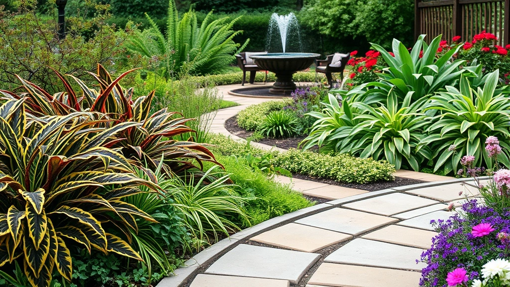 Curved stone pathway bordered by variegated foliage plants and flowering perennials, small water fountain visible in background through vegetation, garden discovery perspective