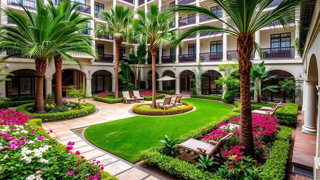 Lush hotel courtyard garden with flowering plants, palm trees, and manicured green spaces surrounding a patio seating area with comfortable lounge chairs and stone pathways