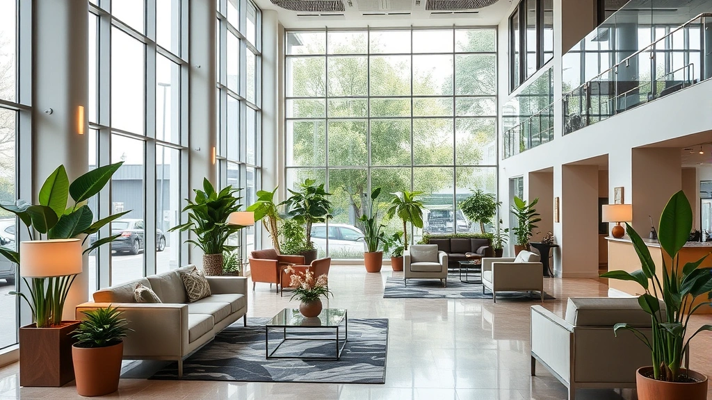 Modern hotel lobby interior with contemporary furniture, large windows, natural light, indoor potted plants and greenery creating a welcoming atmosphere for arriving guests