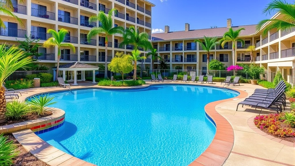 Outdoor hotel swimming pool area with surrounding landscaping, tropical plants, lounging chairs, and clean poolside gardens with flowering shrubs and trees