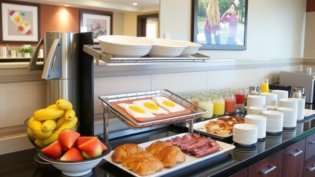 Complimentary hot breakfast buffet display with eggs, bacon, fresh fruit, pastries, and beverages in hotel dining area