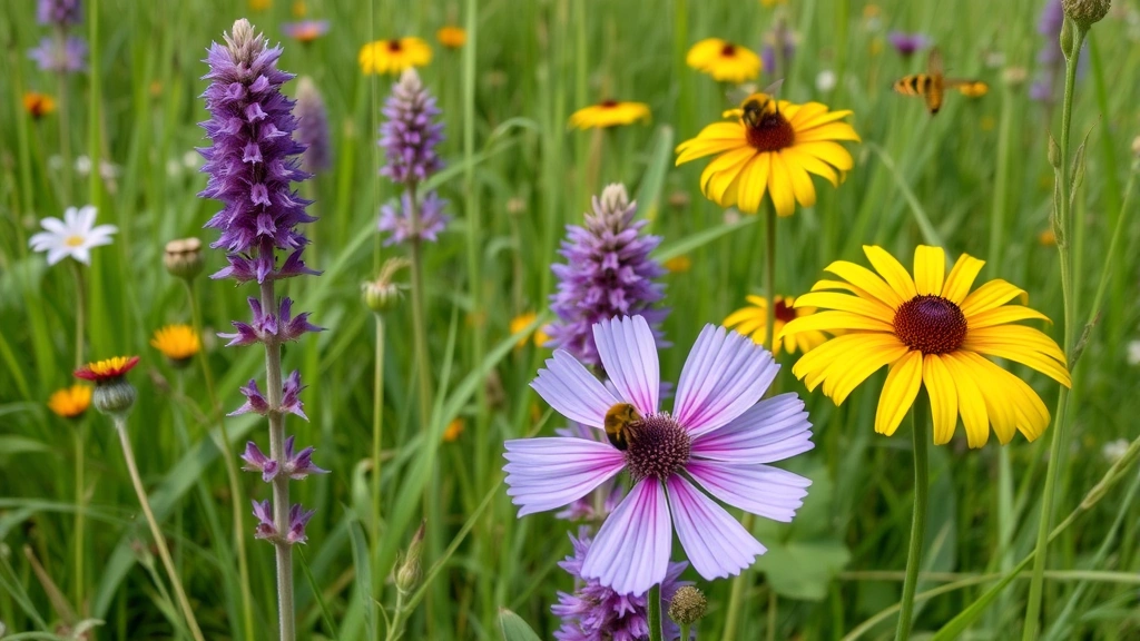 Native Texas wildflowers including purple liatris spikes and golden rudbeckia blooming in natural meadow-style garden with native grasses, bees and butterflies present