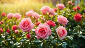 Photorealistic rose garden in full morning sunlight with multiple blooming hybrid tea roses in pink and red colors, lush green foliage, natural garden setting without any text or signs