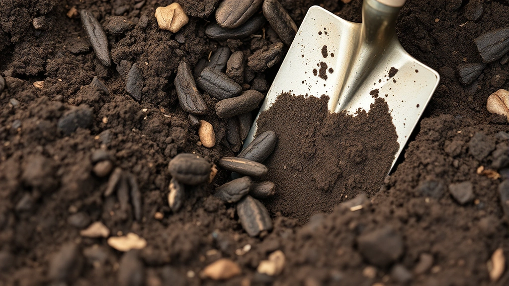 Close-up of well-draining garden soil with rich dark compost, organic matter visible, garden spade partially inserted into soil showing texture and quality, no text