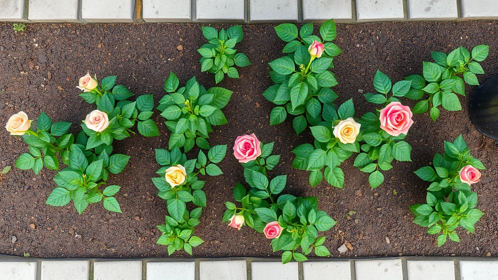 Overhead view of properly spaced rose plants in garden bed with good air circulation, multiple varieties at different heights, healthy green foliage, natural daylight, no signage or text visible