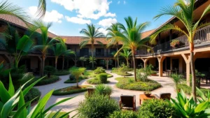 Tropical hotel courtyard with lush green plants, palm trees, and lounge seating area overlooking landscaped gardens during daytime with clear blue sky