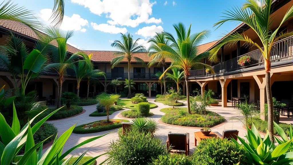 Tropical hotel courtyard with lush green plants, palm trees, and lounge seating area overlooking landscaped gardens during daytime with clear blue sky