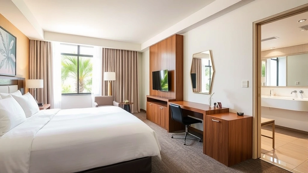 Modern hotel room interior with comfortable bed, work desk, window with tropical light, clean contemporary furnishings and functional bathroom visible in background