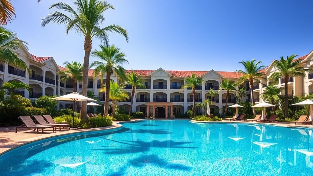 Hotel swimming pool surrounded by palm trees and tropical vegetation, with lounge chairs and shade umbrellas, crystal blue water reflecting clear sky