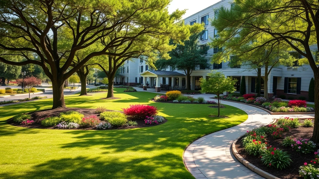 Professional hotel exterior grounds with mature shade trees, seasonal flowering shrubs in bloom, manicured lawn areas, and curved walking paths lined with ornamental plantings, showing well-maintained landscape design in afternoon sunlight