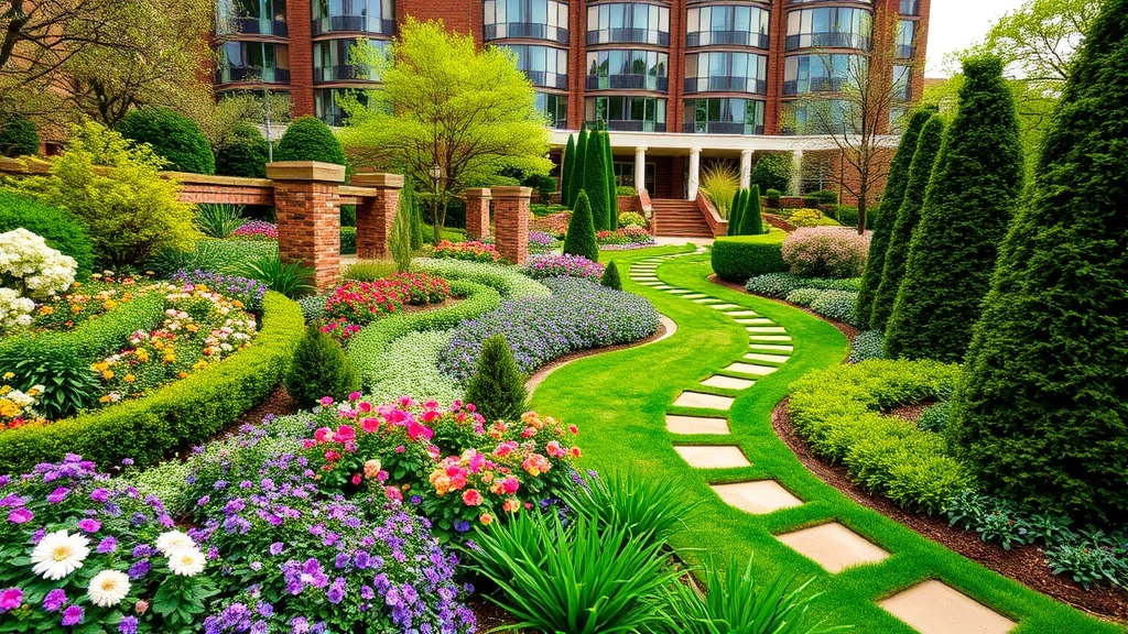 Lush green landscaping surrounding hotel building with vibrant perennial gardens, native flowering plants, healthy evergreen shrubs, winding pathways through botanical plantings, and professional garden maintenance visible in spring season