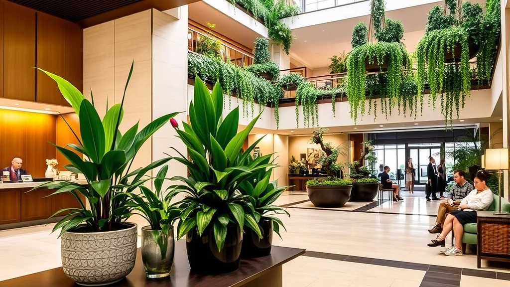 Hotel lobby interior featuring living green plants in decorative containers, flowering arrangements on reception desk, well-lit atrium with potted trees, hanging baskets with cascading foliage plants, and guests relaxing near botanical displays