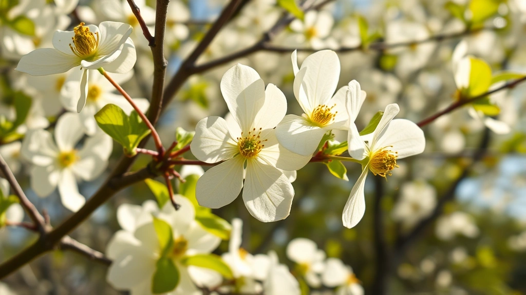 Close-up of blooming flowering dogwood tree with white bracts in spring sunlight, showing delicate branch structure and emerging green leaves