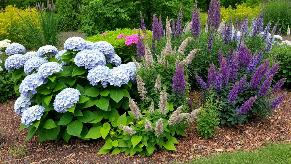 Wide landscape view of lush native plant garden with oakleaf hydrangea, clethra, and Virginia sweetspire flowering together in natural grouping with mulched beds