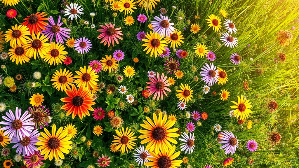 Overhead view of vibrant native wildflower meadow featuring black-eyed Susan, coneflower, and ironweed in full bloom during summer afternoon light