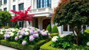 Lush hotel entrance garden with boxwood hedges, flowering hydrangeas, and Japanese maple specimen tree framing elegant building facade during late spring bloom