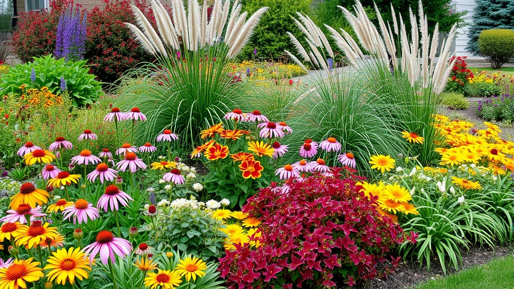 Professional landscape design showing mixed perennial borders with coneflowers, daylilies, ornamental grasses, and flowering shrubs creating layered seasonal color display