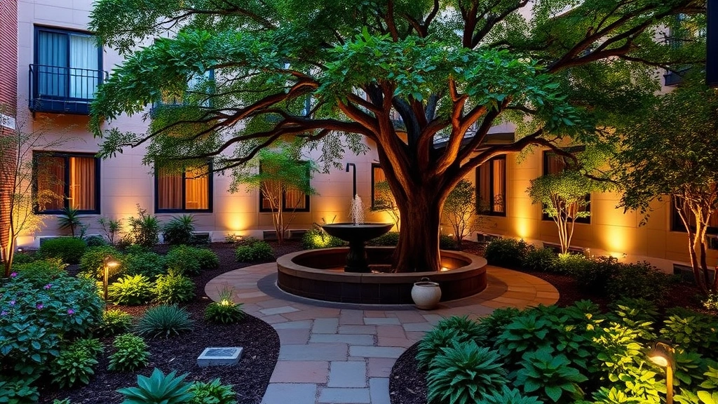 Serene hotel courtyard garden featuring specimen tree near water fountain, shade-tolerant plantings including hostas and hellebores, natural stone pathway, evening lighting