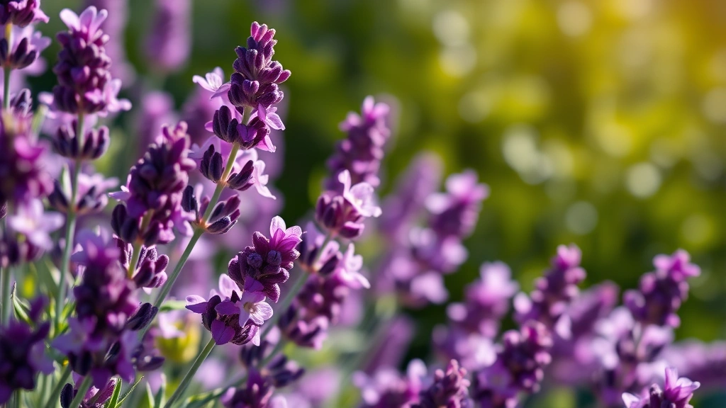 Close-up of vibrant purple lavender flowers in full bloom with soft green foliage, coastal California sunlight, shallow depth of field, photorealistic botanical detail