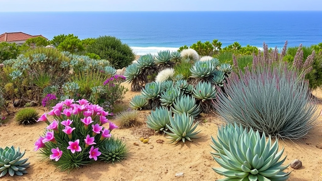 Mediterranean garden landscape featuring mixed plantings of Cistus with pink flowers, silvery Santolina, and drought-tolerant succulents on sandy soil with ocean view in background