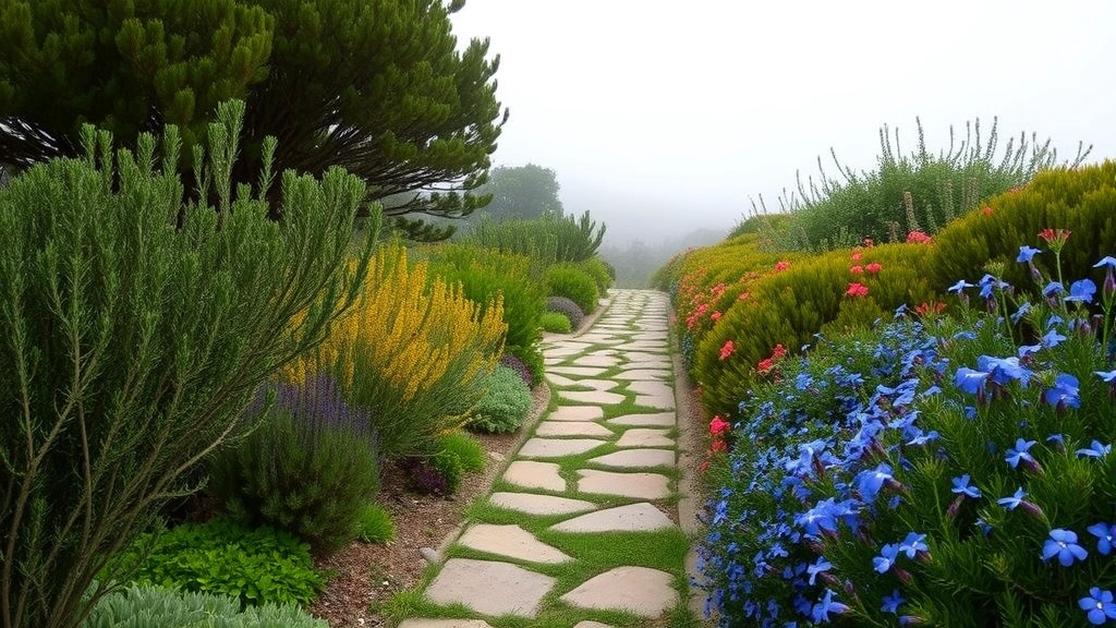 Coastal Del Mar garden pathway lined with salt-tolerant plants including Rosemary, Lantana, and native Ceanothus with blue flowers, morning marine layer mist in background