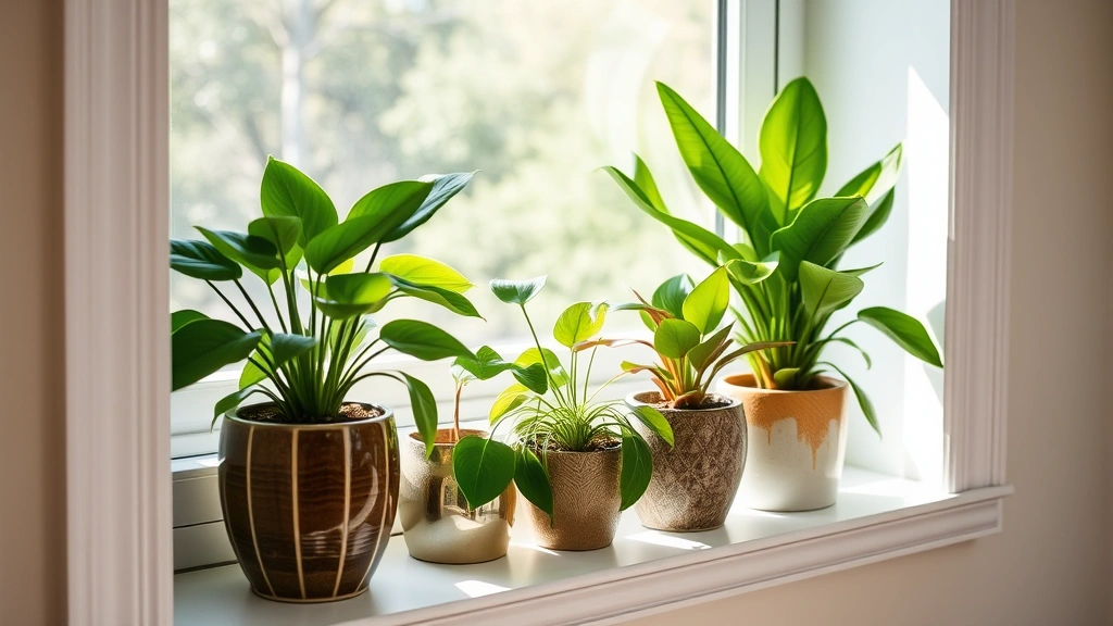 Lush green potted houseplants on a bright windowsill with natural sunlight streaming through, showing pothos, snake plant, and ZZ plant in decorative ceramic containers