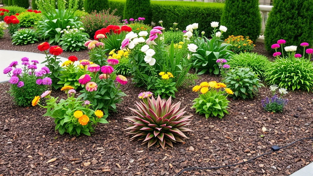 Professional hotel landscape garden bed featuring colorful seasonal plantings, mulched soil, and well-spaced ornamental plants with blooming flowers and green foliage