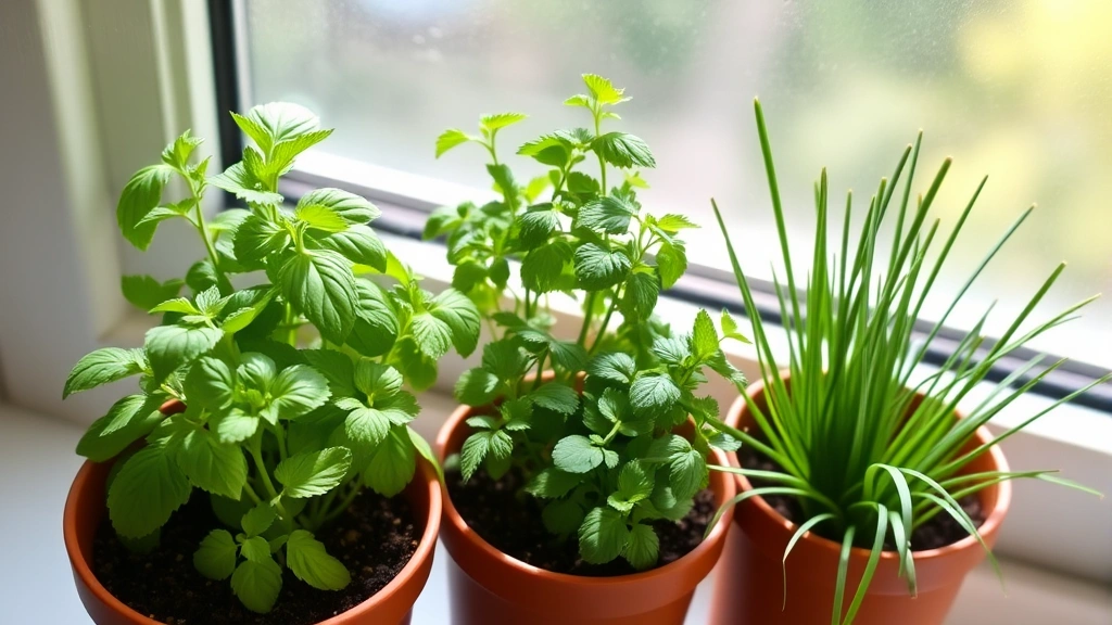 Fresh herb garden in small containers on a sunny windowsill with basil, parsley, mint, and chives growing in potting soil, ready for culinary harvesting