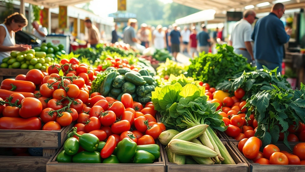 Vibrant farmers market stall with fresh locally-grown tomatoes, peppers, leafy greens and colorful vegetables arranged in wooden crates under morning sunlight, people browsing in background
