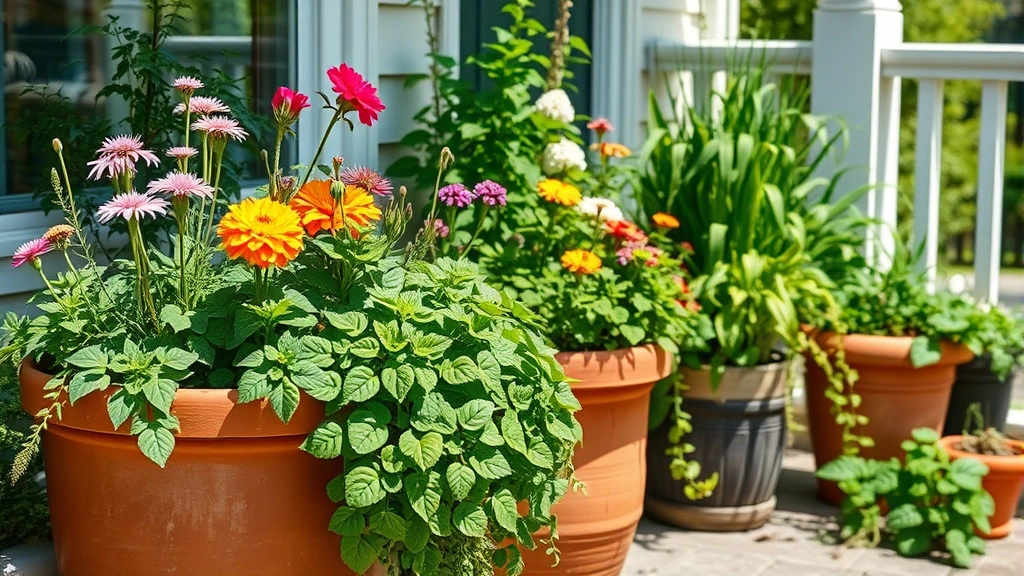 Lush container garden on a sunny patio with blooming herbs, trailing flowers, and vegetable plants in terra cotta and ceramic pots, green foliage cascading over edges