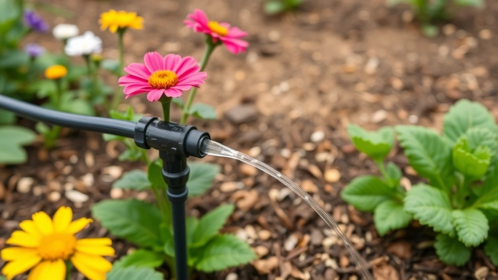 Close-up of drip irrigation tubing delivering water to the base of flowering plants and vegetables in a Fairfield garden bed, with mulch visible around plants and dry soil in background