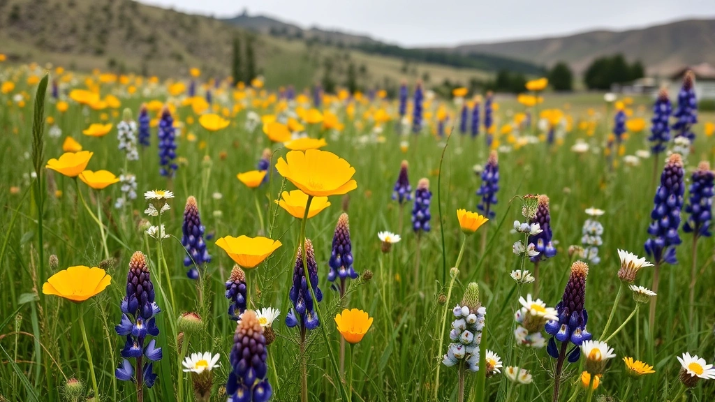 Native California wildflower meadow with golden poppies, purple lupines, and white flowers swaying in gentle breeze with green stems and natural landscape backdrop