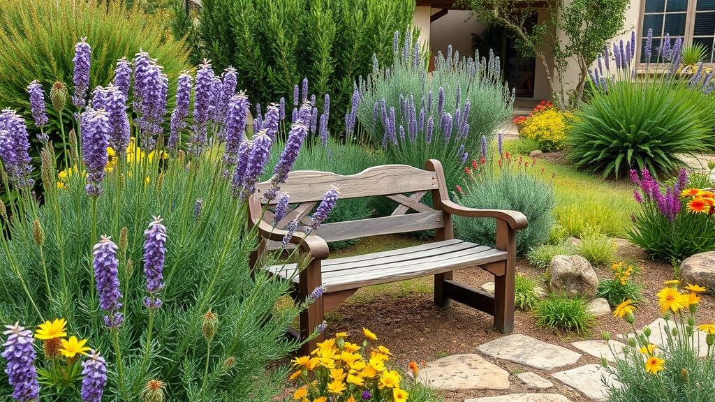 Wide angle shot of a Mediterranean-style garden featuring native California plants including sage and lavender in bloom, with a rustic wooden garden bench nestled among drought-tolerant shrubs and flowering perennials