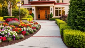 Professional hotel entrance landscaping with colorful seasonal flower beds, manicured shrubs, and well-maintained pathways, morning light