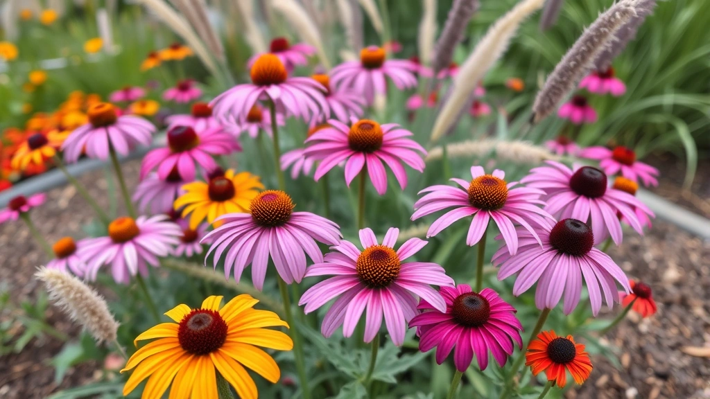 Close-up of vibrant perennial flower bed with purple coneflowers, black-eyed Susans, and ornamental grasses in full bloom during summer, showing professional landscape bed edging and mulch, soft natural daylight