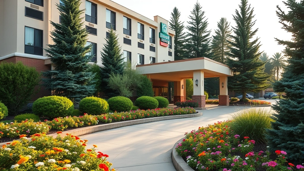 Wide shot of hotel entrance area with well-maintained shrub borders, seasonal annuals in raised planting beds, and mature evergreen trees creating layered landscape depth, morning light