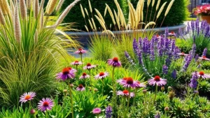 Lush mixed border garden with native Texas ornamental grasses, purple coneflowers, and Texas sage shrubs in full bloom under bright afternoon sunlight, professional landscape design in commercial hospitality setting