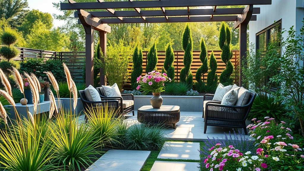 Lush contemporary garden patio with comfortable outdoor seating, ornamental grasses, and flowering perennials in soft color palette, afternoon sunlight filtering through pergola structure