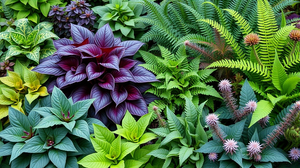 Close-up of diverse shade garden plants with interesting foliage textures, hostas, ferns, and shade-tolerant perennials creating layered green garden bed
