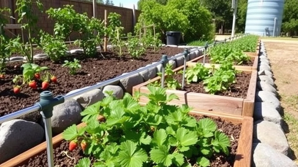 Raised garden beds with drip irrigation system during dry season in Guatemala City, strawberries and herbs flourishing, volcanic stone edging, clear sunny afternoon, water tank visible, lush green foliage